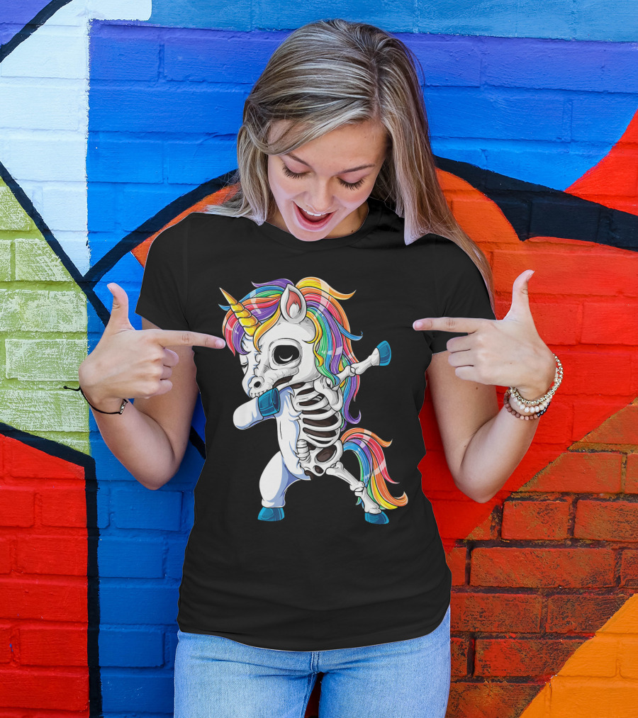 Dabbing Rainbow Skeleton Unicorn T-Shirt