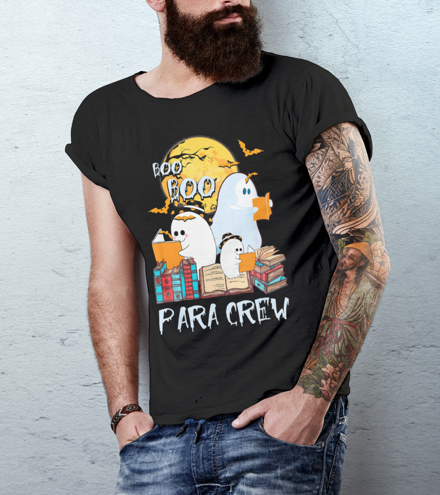 Boo Boo Para Crew Paraprofessional Ghost Reading By Moonlight With Books And Bats T-Shirt