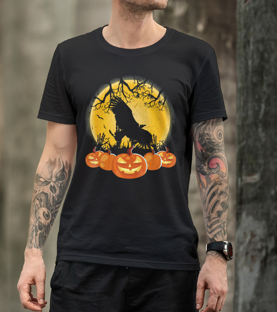 Vulture Silhouette With Pumpkins And Full Moon Halloween Scene T-Shirt