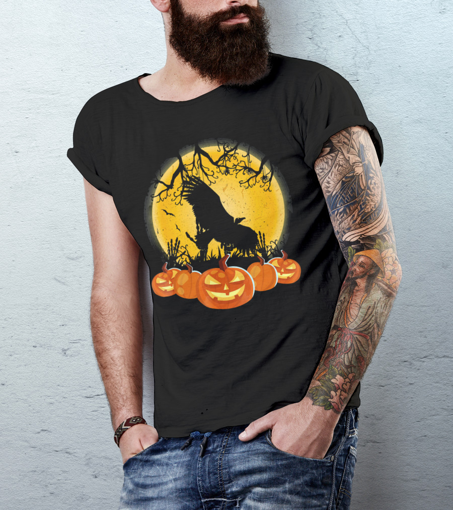 Vulture Silhouette With Pumpkins And Full Moon Halloween Scene T-Shirt