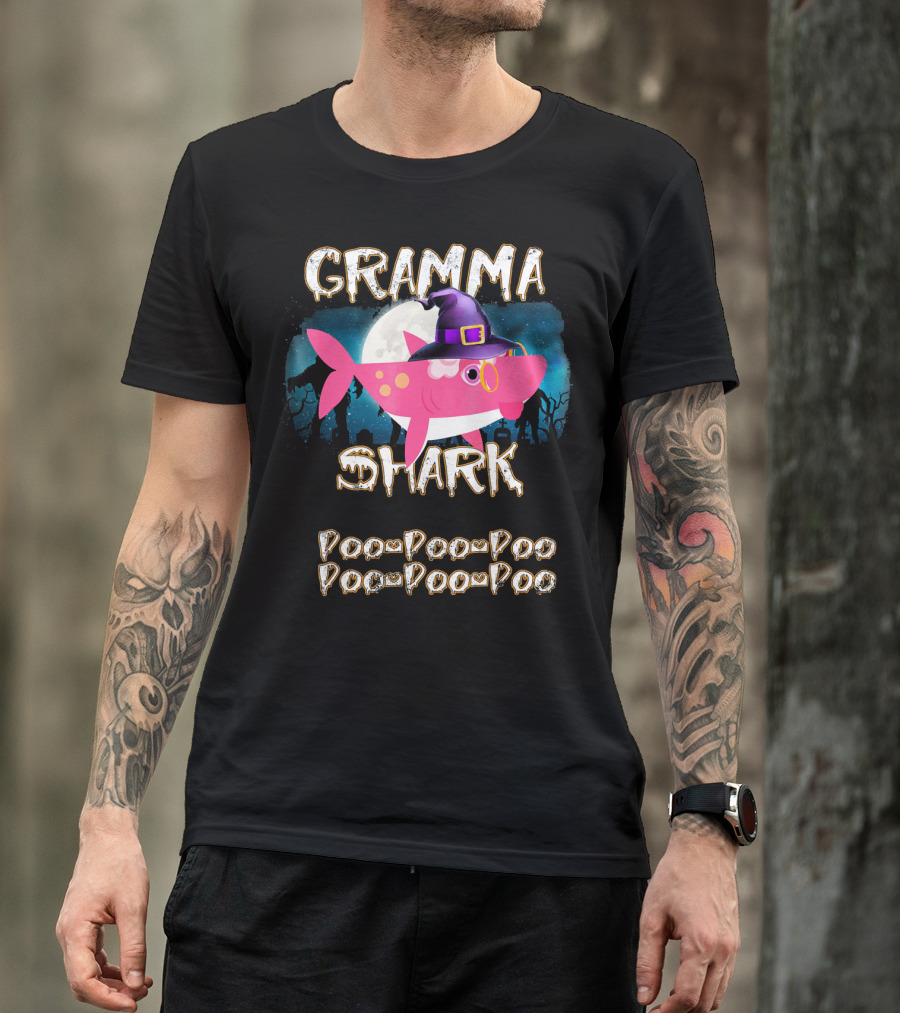 Gramma Shark Doo Doo Doo Halloween Witch Hat And Moon Background T-Shirt