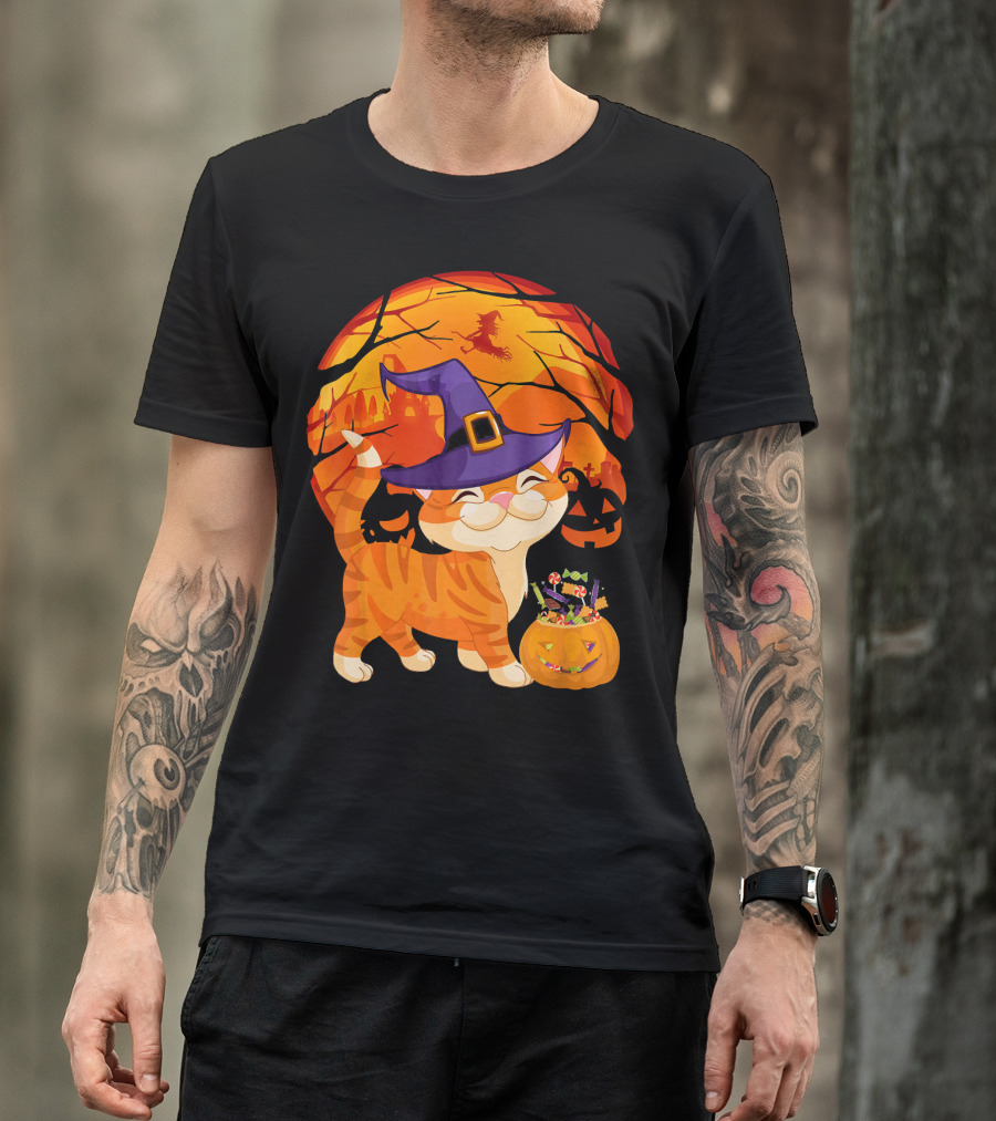 Halloween Costume Cat Witch Hat Happy Pumpkin Moon Scene T-Shirt