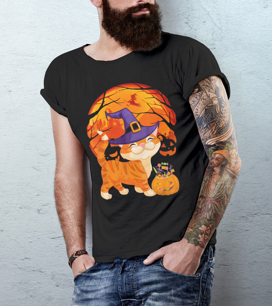 Halloween Costume Cat Witch Hat Happy Pumpkin Moon Scene T-Shirt
