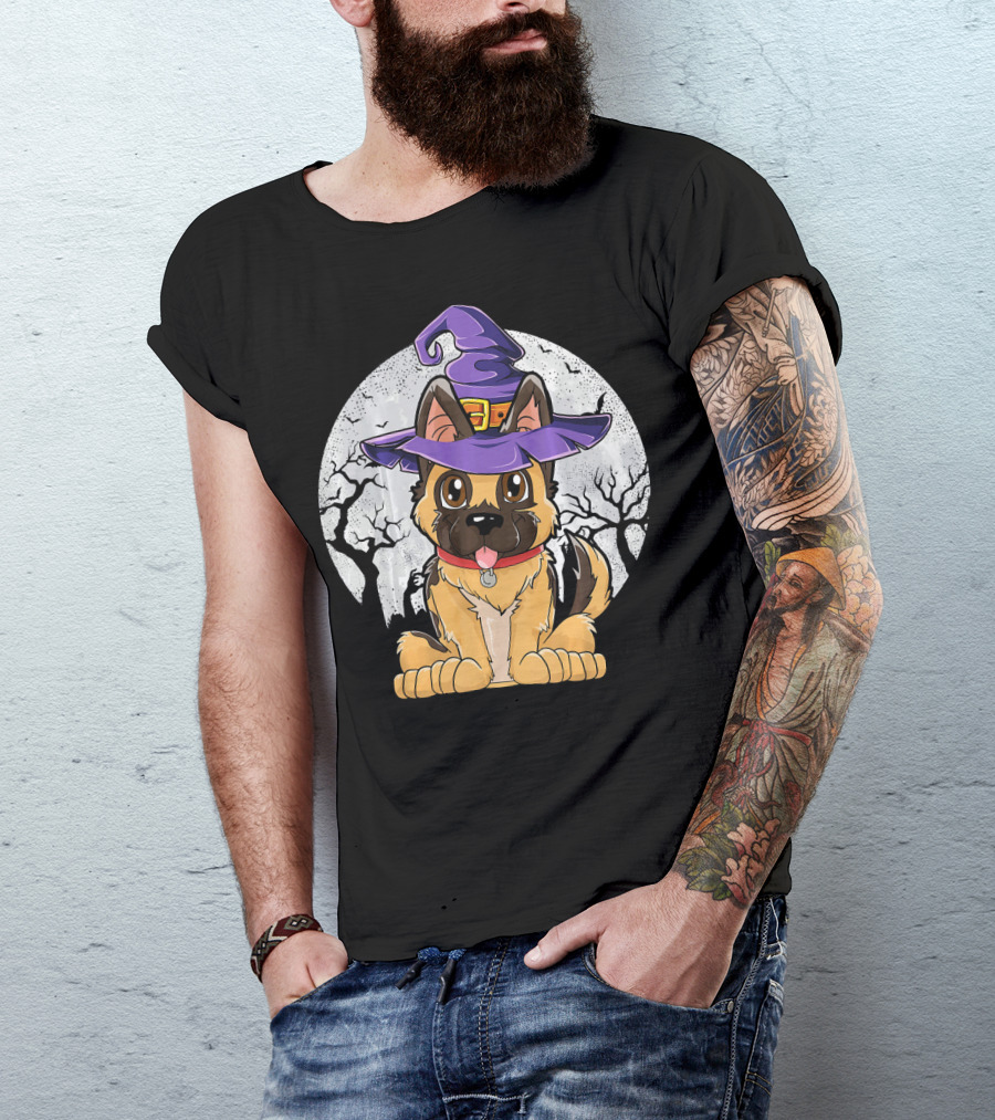 German Shepherd Witch Halloween Moon Background T-Shirt