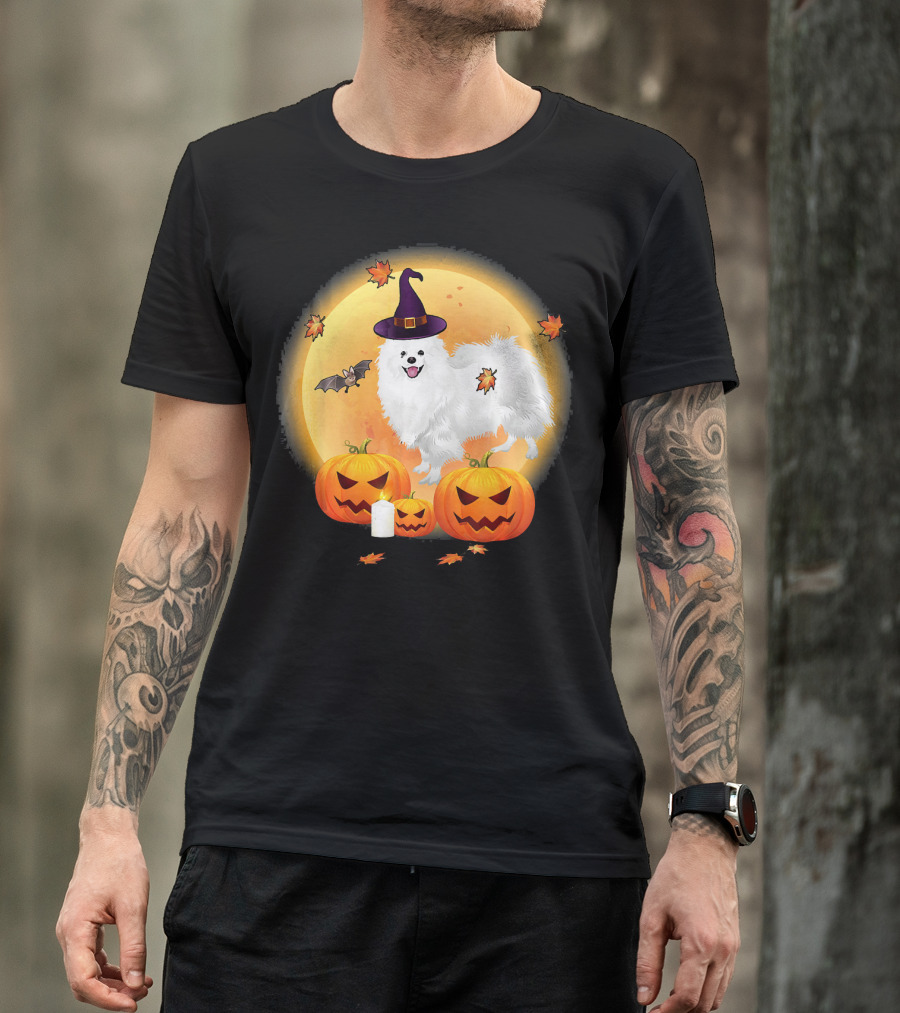 Halloween American Eskimo Dog With Pumpkins And Witch Hat T-Shirt