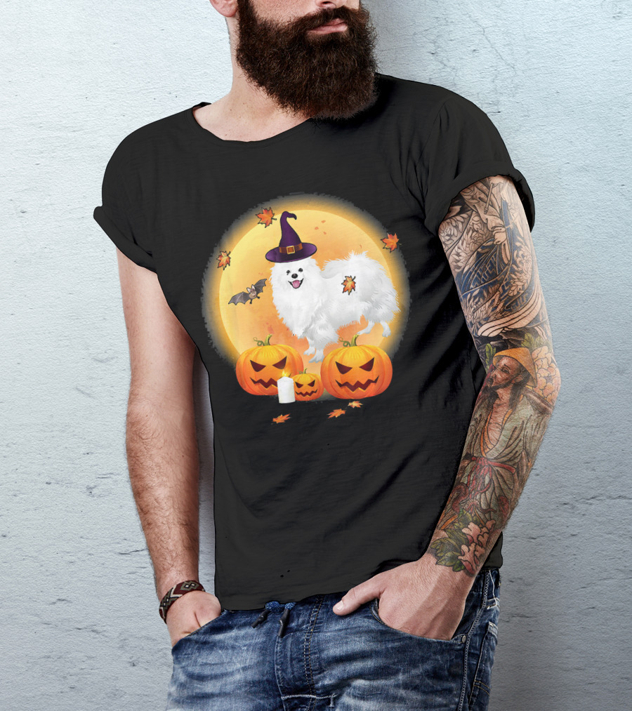 Halloween American Eskimo Dog With Pumpkins And Witch Hat T-Shirt