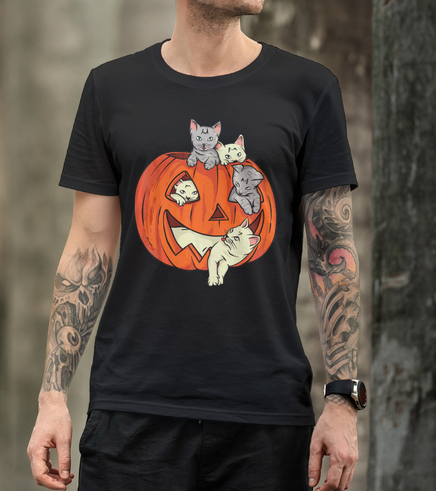 Cats In Jack O Lantern Pumpkin Halloween Scene T-Shirt