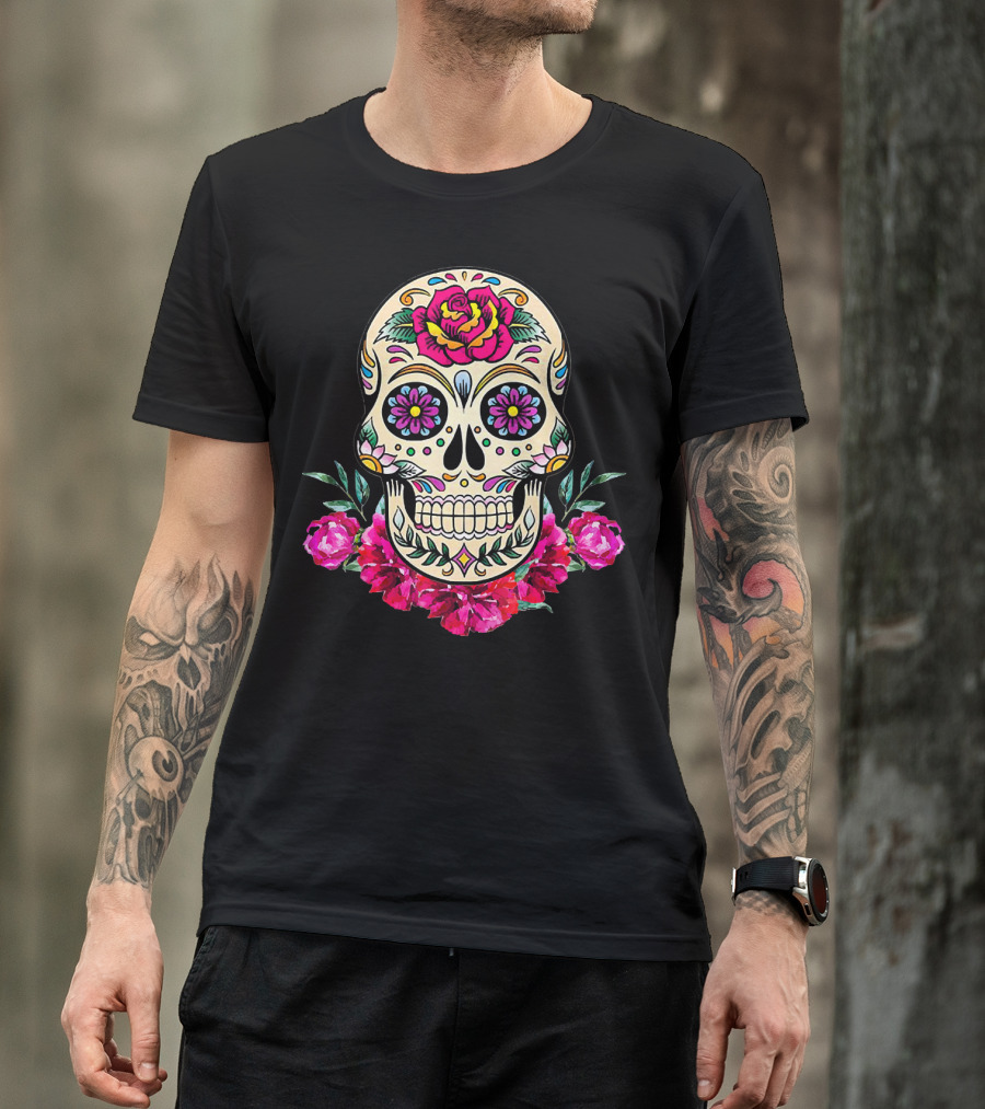 Day Of The Dead Sugar Skull With Vibrant Floral Accents T-Shirt