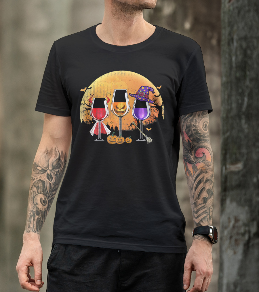 Three Wine Glasses Halloween Pumpkin Witch Hat Bats Moon And Jack-O'-Lanterns T-Shirt