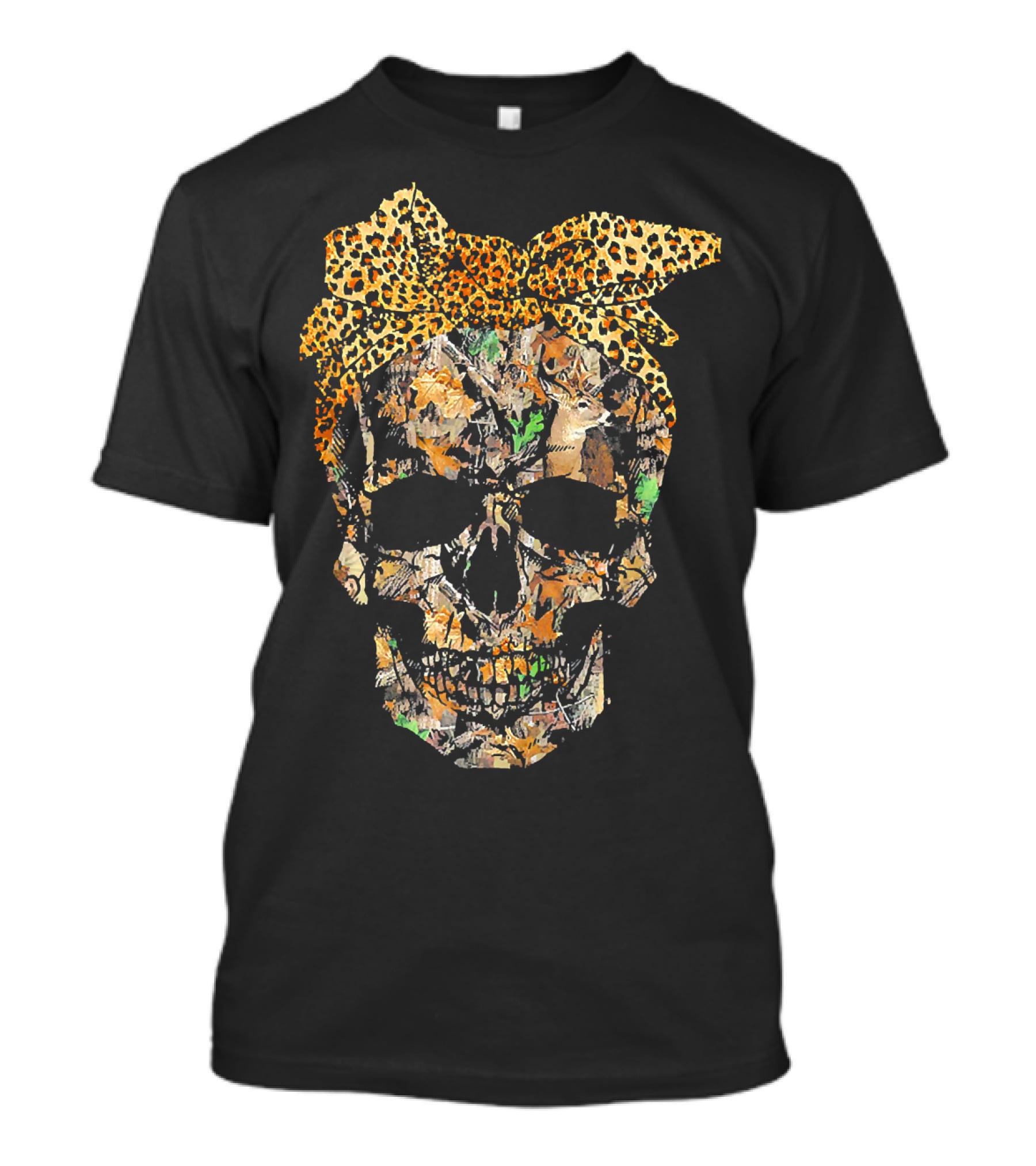 Camouflage Skull With Leopard Print Bow And Hunting Elements T-Shirt