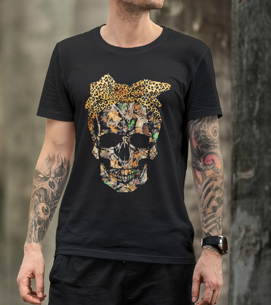Camouflage Skull With Leopard Print Bow And Hunting Elements T-Shirt