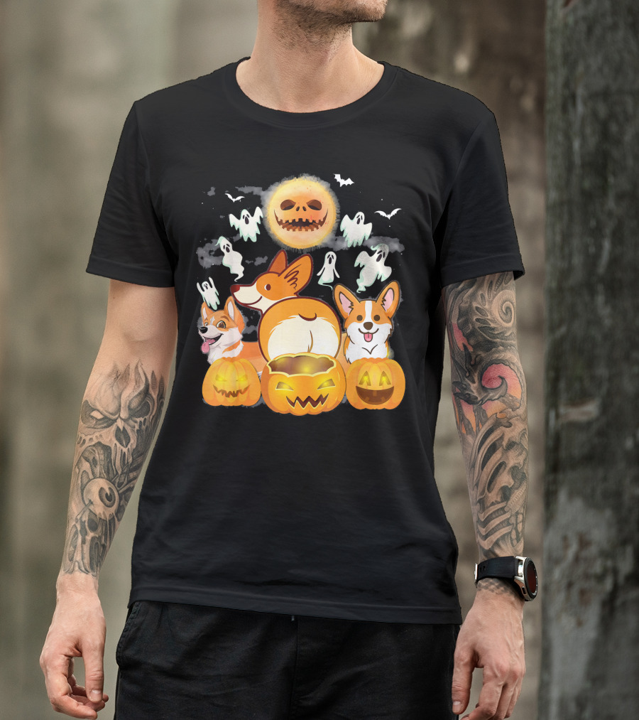 Welsh Corgi Cardigans Pumpkin Ghosts Halloween Team With Spooky Bats T-Shirt
