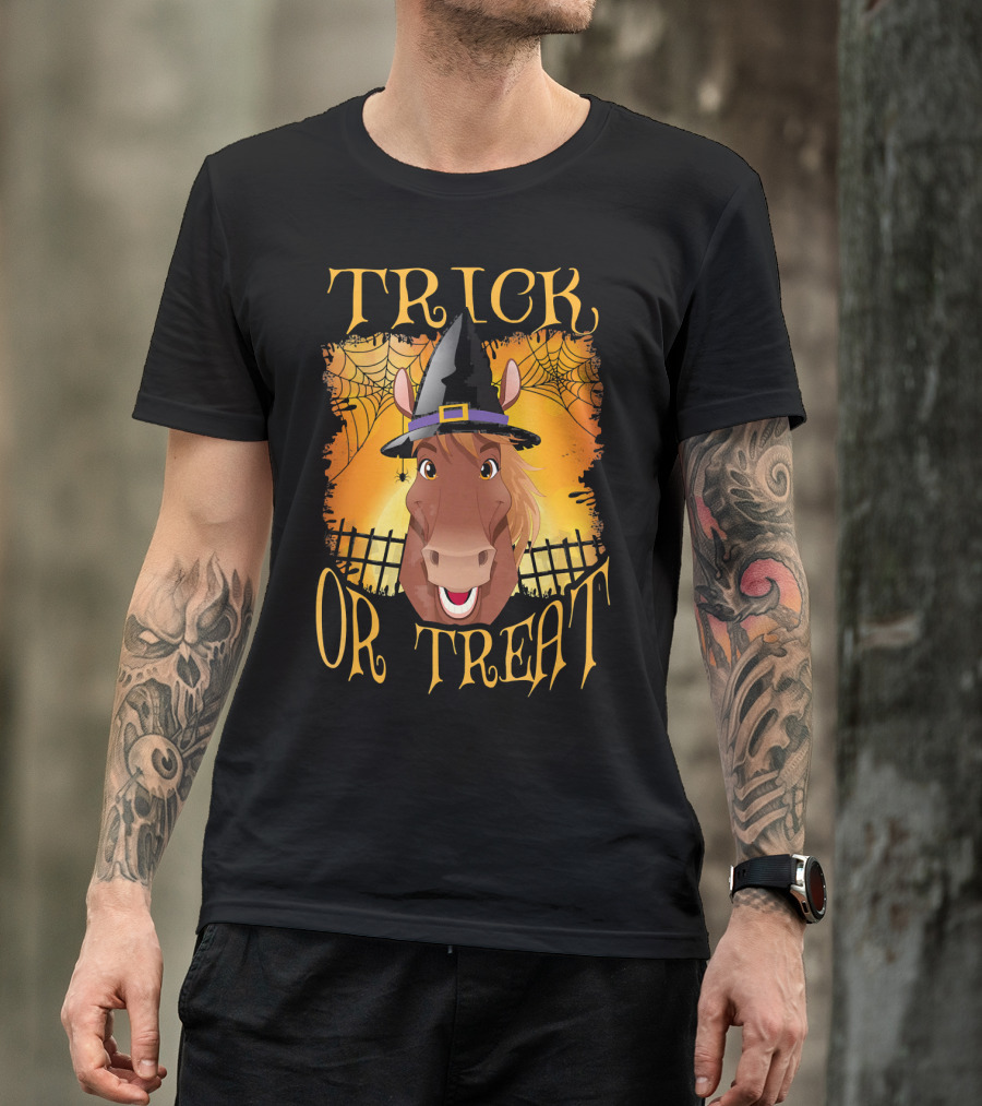 Trick Or Treat Horse With Witch Hat And Spider Web T-Shirt