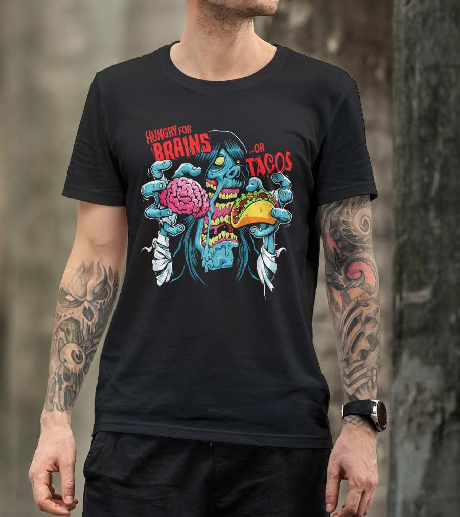 Hungry For Brains Or Tacos Zombie Halloween Costume T-Shirt