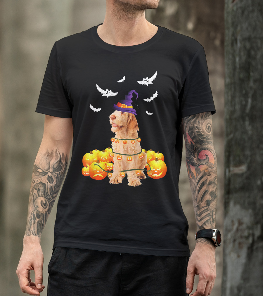 Spinone Italiano Dog Halloween Pumpkin Lights And Bats T-Shirt