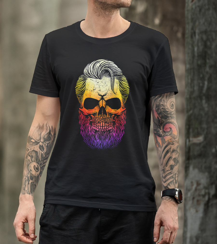 Creepy Bearded Skull With Colorful Gradient For Halloween And Ske T-Shirt