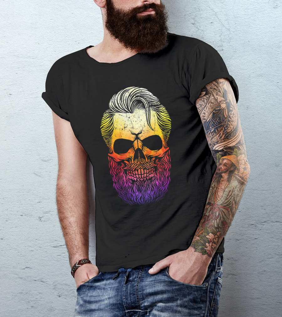 Creepy Bearded Skull With Colorful Gradient For Halloween And Ske T-Shirt
