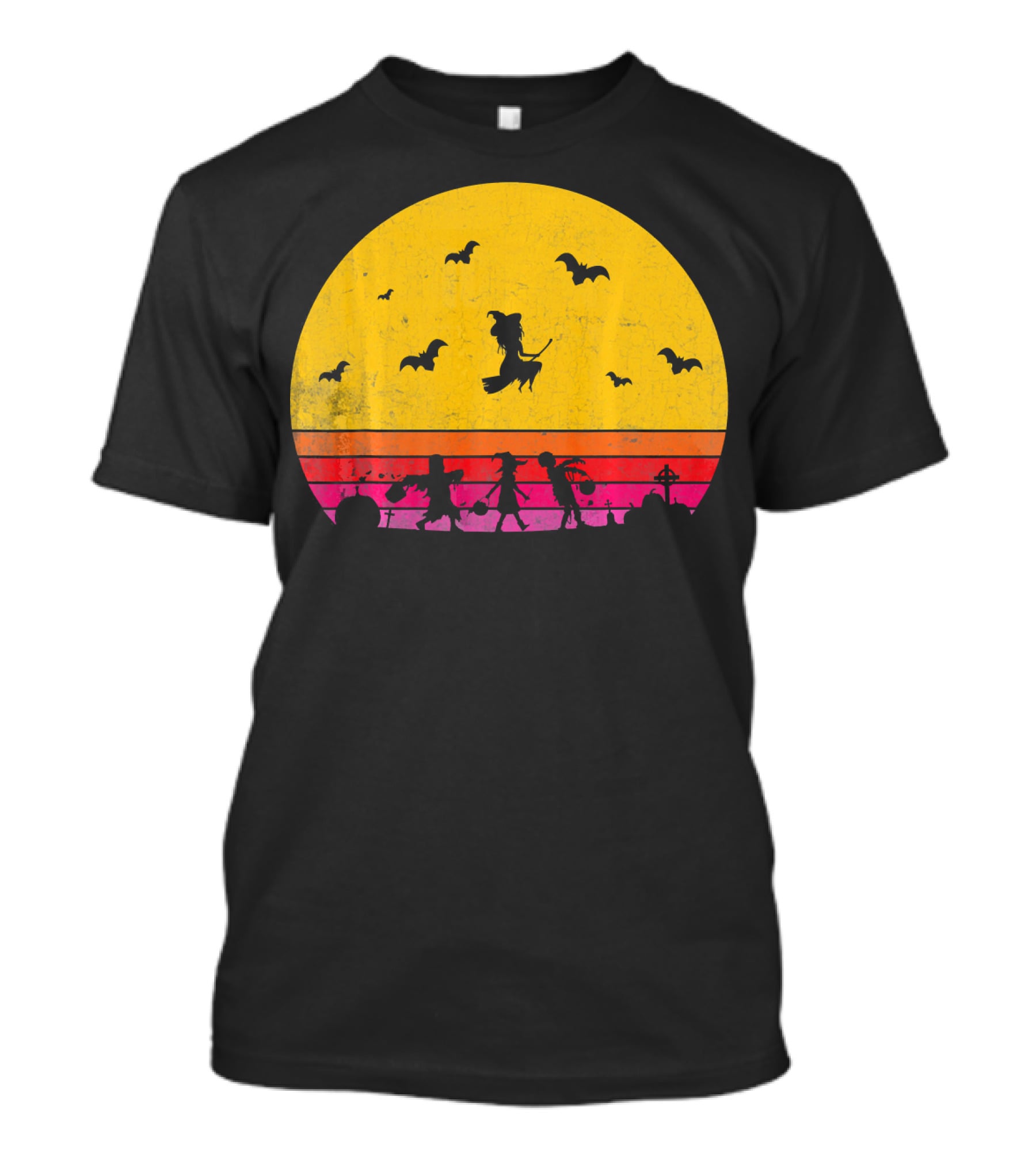 Horror Halloween Sunset Witch Bats Vintage T-Shirt