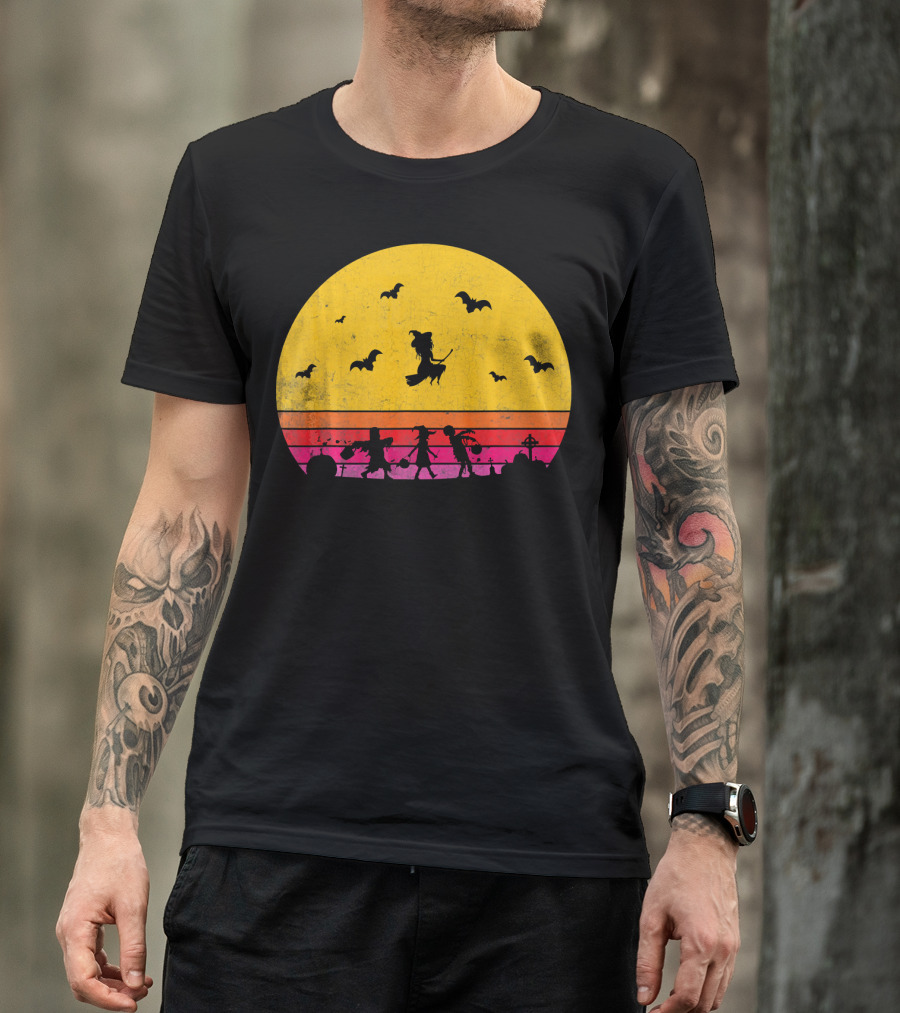 Horror Halloween Sunset Witch Bats Vintage T-Shirt