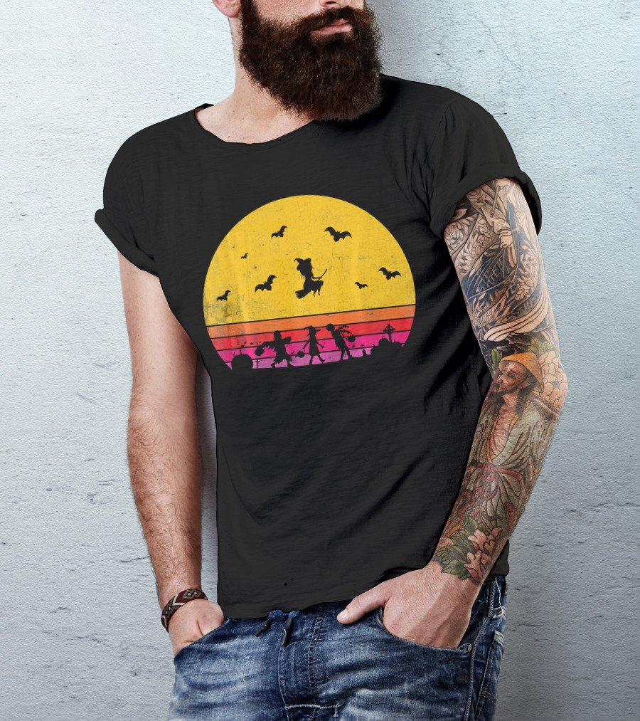 Horror Halloween Sunset Witch Bats Vintage T-Shirt