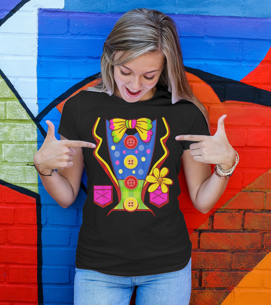 Clown Colorful Bow Tie And Buttons Outfit With Flower Pockets T-Shirt
