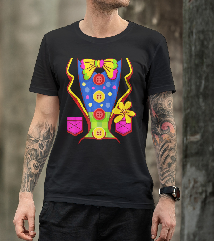 Clown Colorful Bow Tie And Buttons Outfit With Flower Pockets T-Shirt