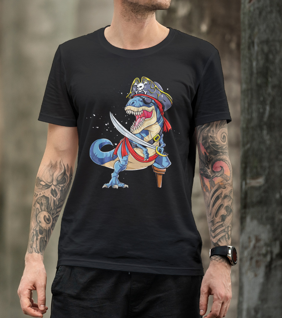T-Rex Pirate Jolly Roger Dinosaur With Peg Leg And Sword T-Shirt
