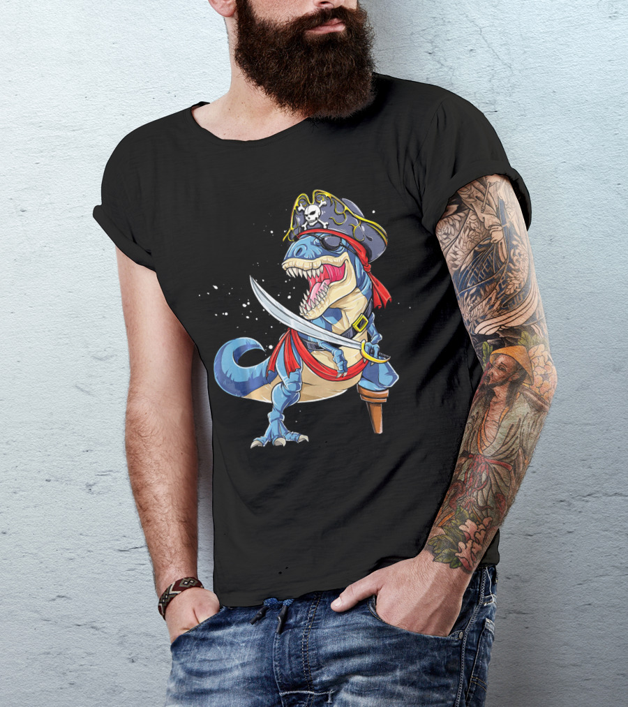 T-Rex Pirate Jolly Roger Dinosaur With Peg Leg And Sword T-Shirt
