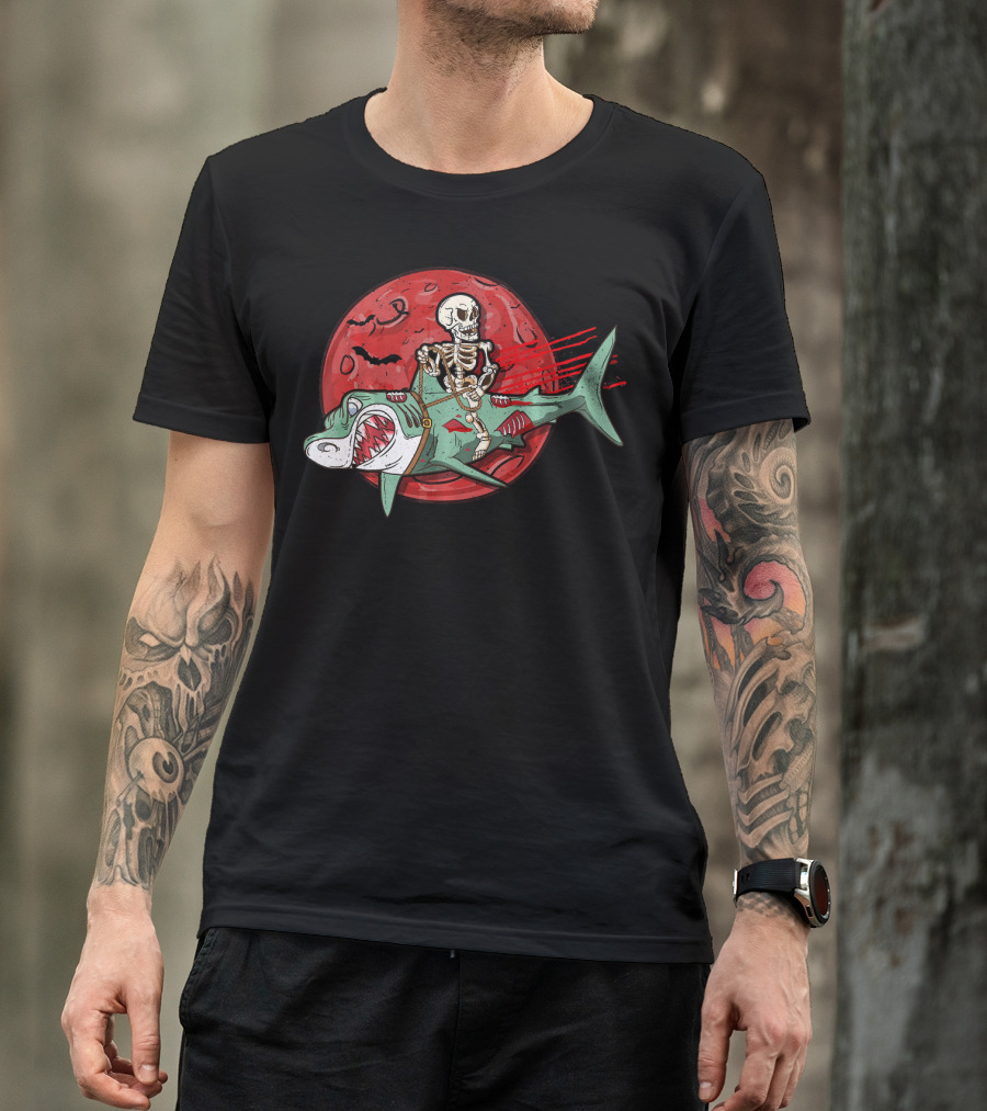 Skeleton Riding Shark Zombie With Red Moon And Bats T-Shirt