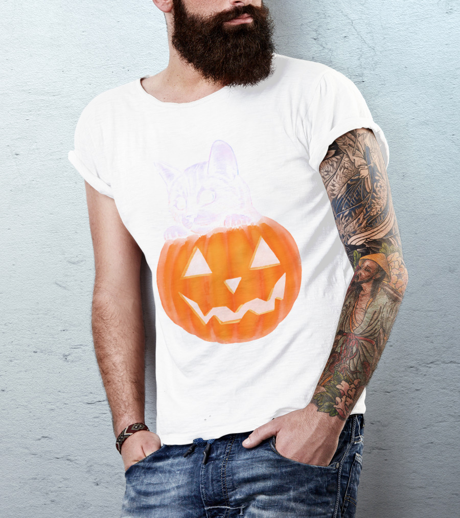 Kitten Peeking From Jack-O'-Lantern Pumpkin Halloween T-Shirt
