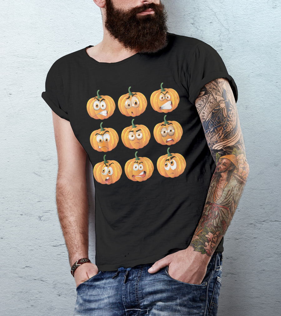 Pumpkin Emoji Faces Expressions Grid T-Shirt