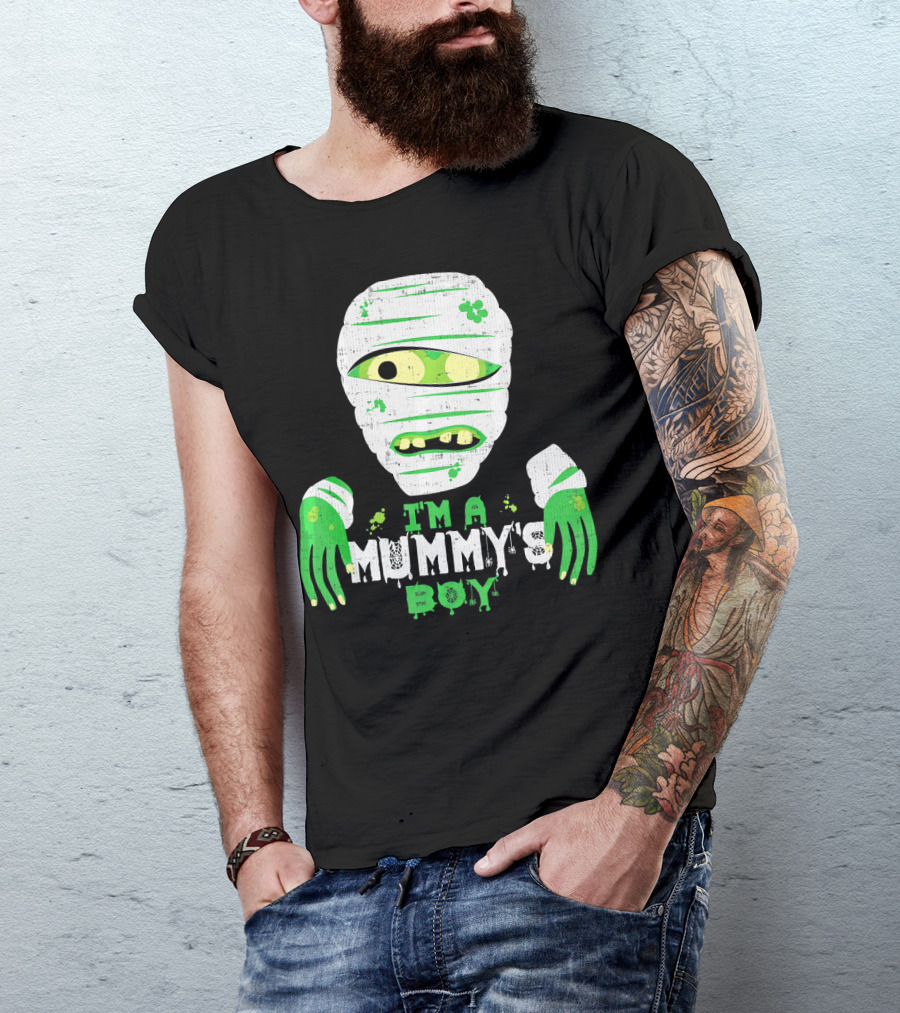 Creepy I'm A Mummy's Boy Green Cartoon Mummy Face And Hands T-Shirt
