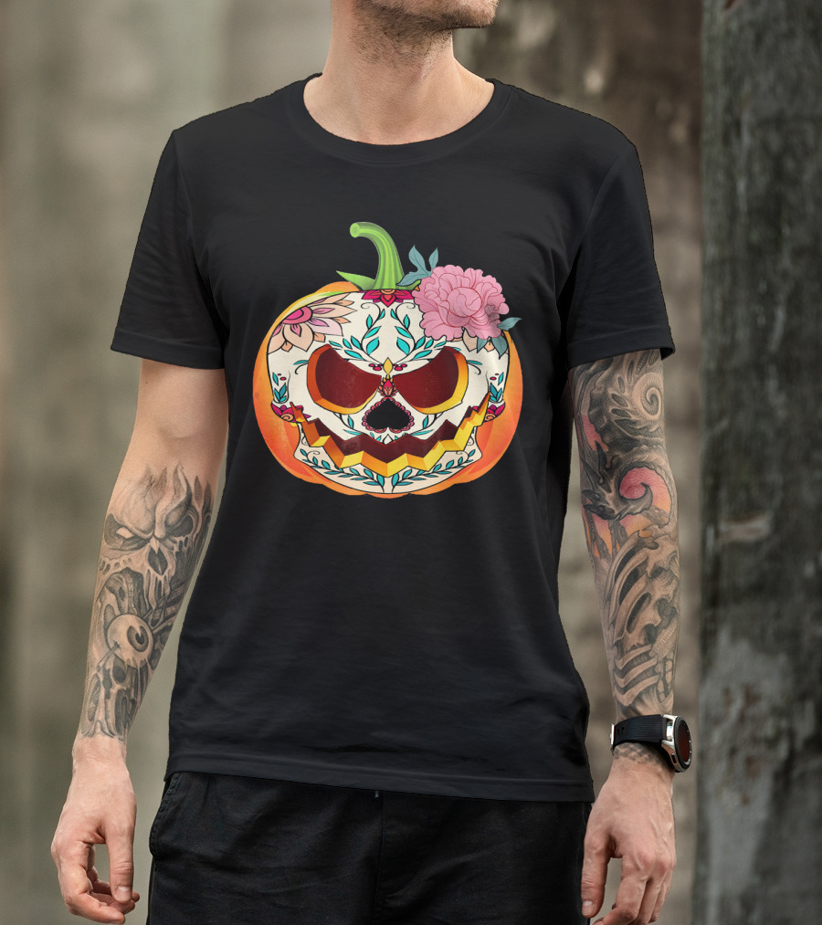 Day Of The Dead Pumpkin Sugar Skull With Floral T-Shirt