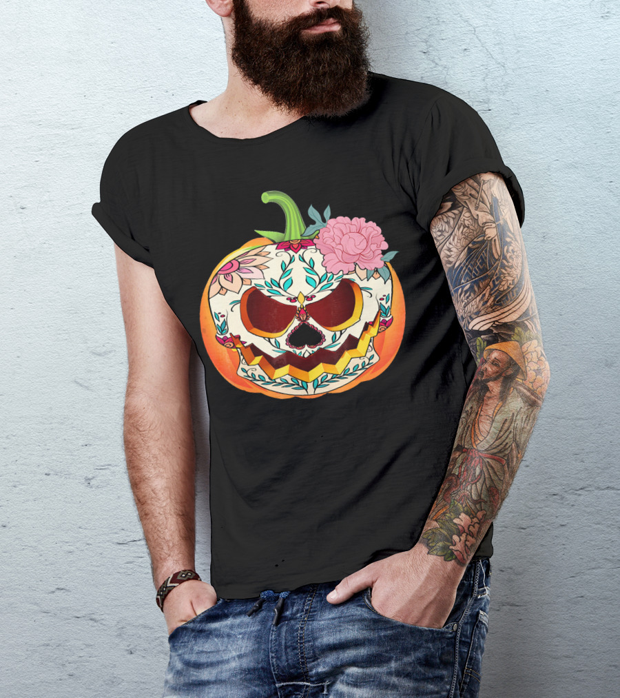 Day Of The Dead Pumpkin Sugar Skull With Floral T-Shirt