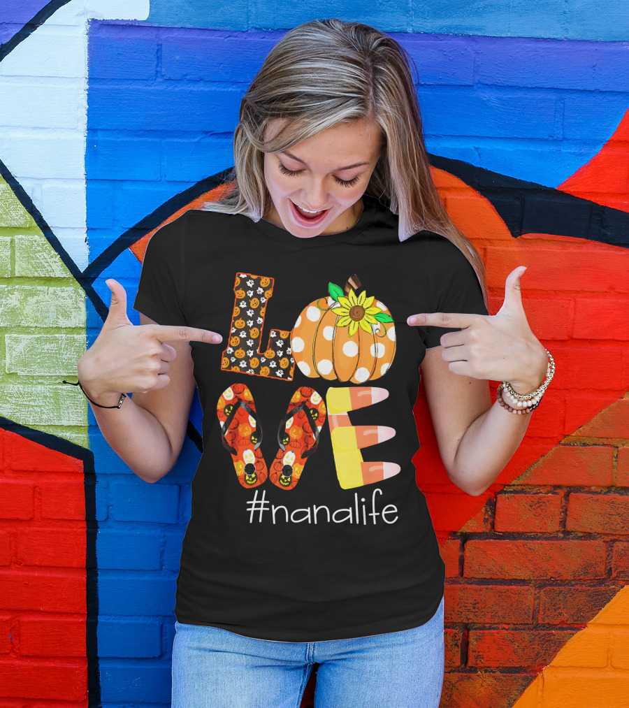 Nanalife Funny Love Pumpkin Flip Flops Halloween Candy Corn And Sunflower T-Shirt