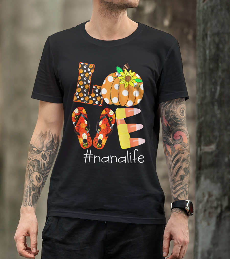 Nanalife Funny Love Pumpkin Flip Flops Halloween Candy Corn And Sunflower T-Shirt