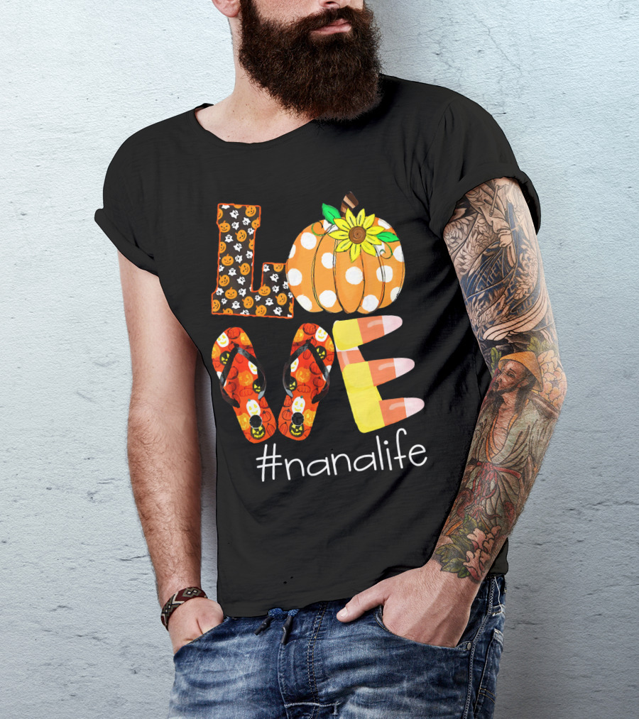 Nanalife Funny Love Pumpkin Flip Flops Halloween Candy Corn And Sunflower T-Shirt
