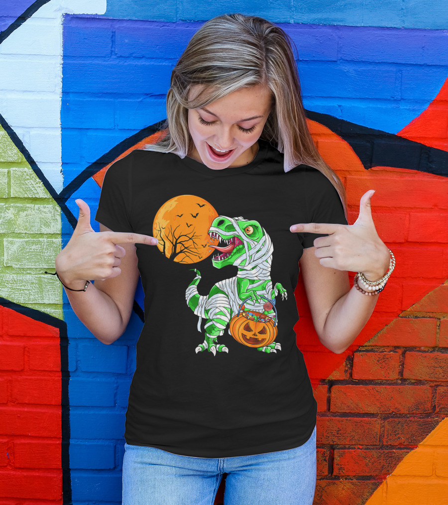 Halloween Mummy T Rex With Pumpkin Candy Under Full Moon T-Shirt