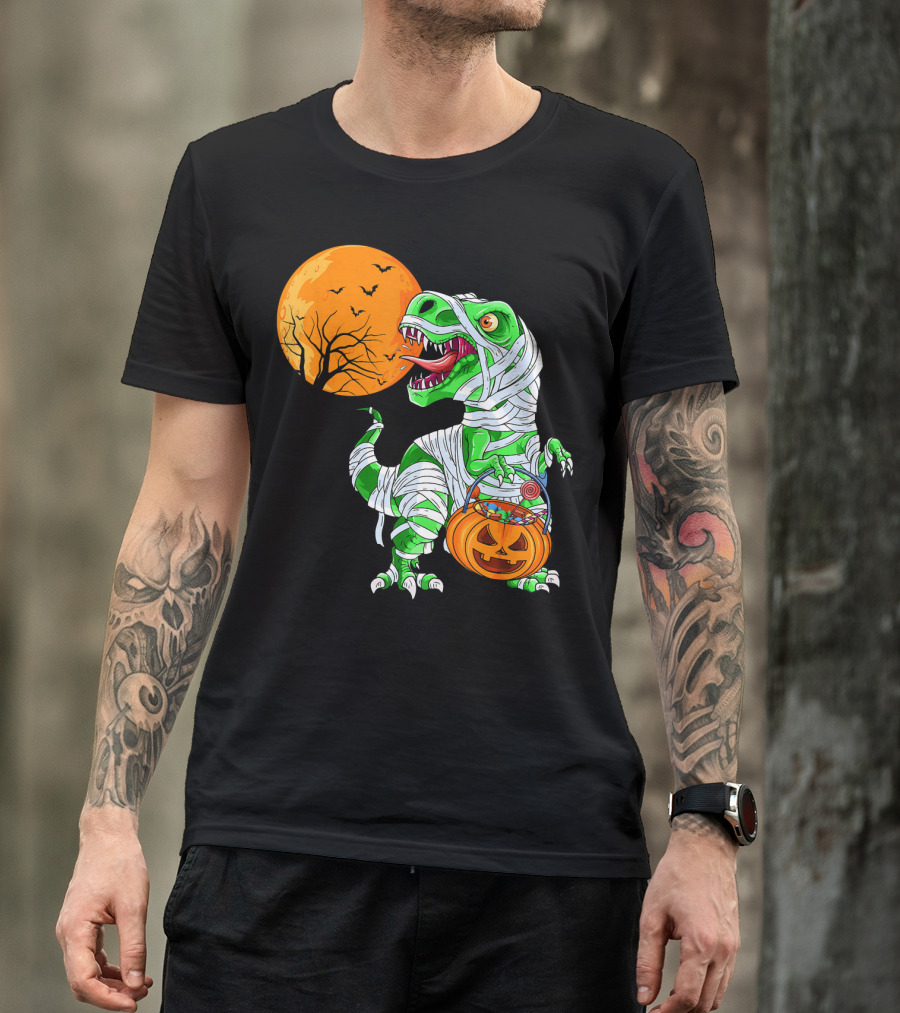 Halloween Mummy T Rex With Pumpkin Candy Under Full Moon T-Shirt