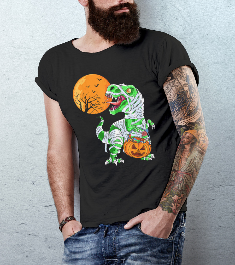 Halloween Mummy T Rex With Pumpkin Candy Under Full Moon T-Shirt