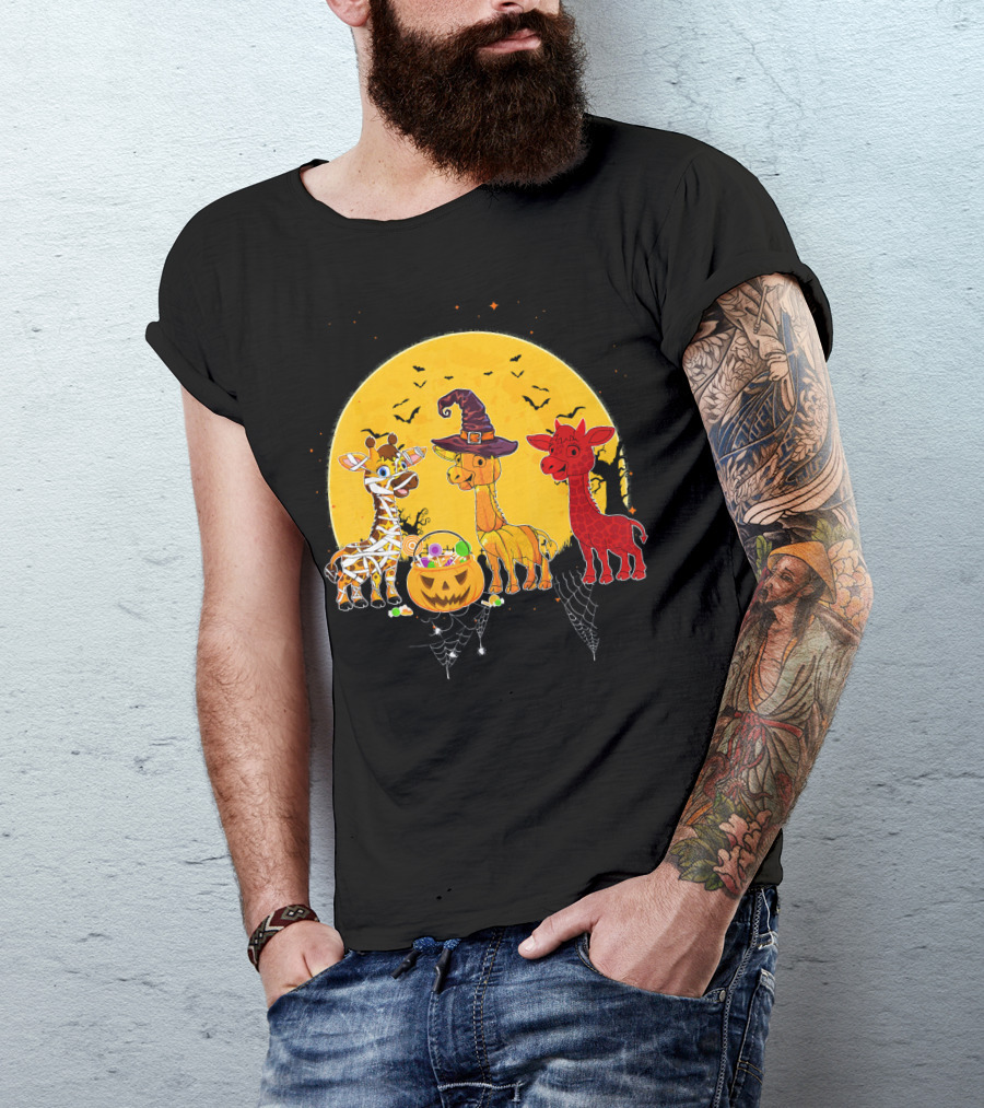 Three Giraffes Halloween Moon Mummy Witch Devil T-Shirt