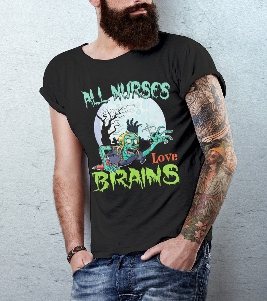 All Nurses Love Brains Zombie Hand Moon T-Shirt