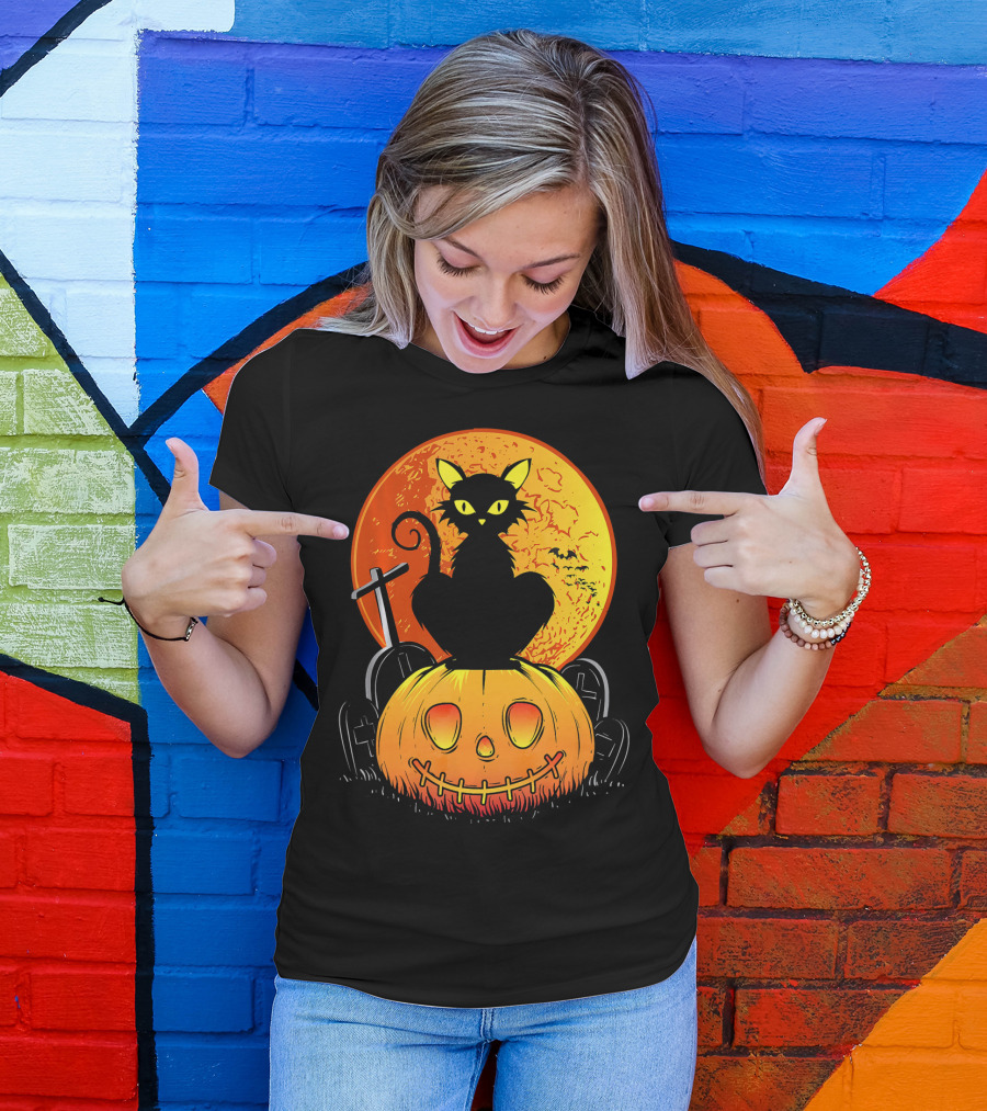 Halloween Black Cat On Pumpkin With Full Moon And Graveyard T-Shirt