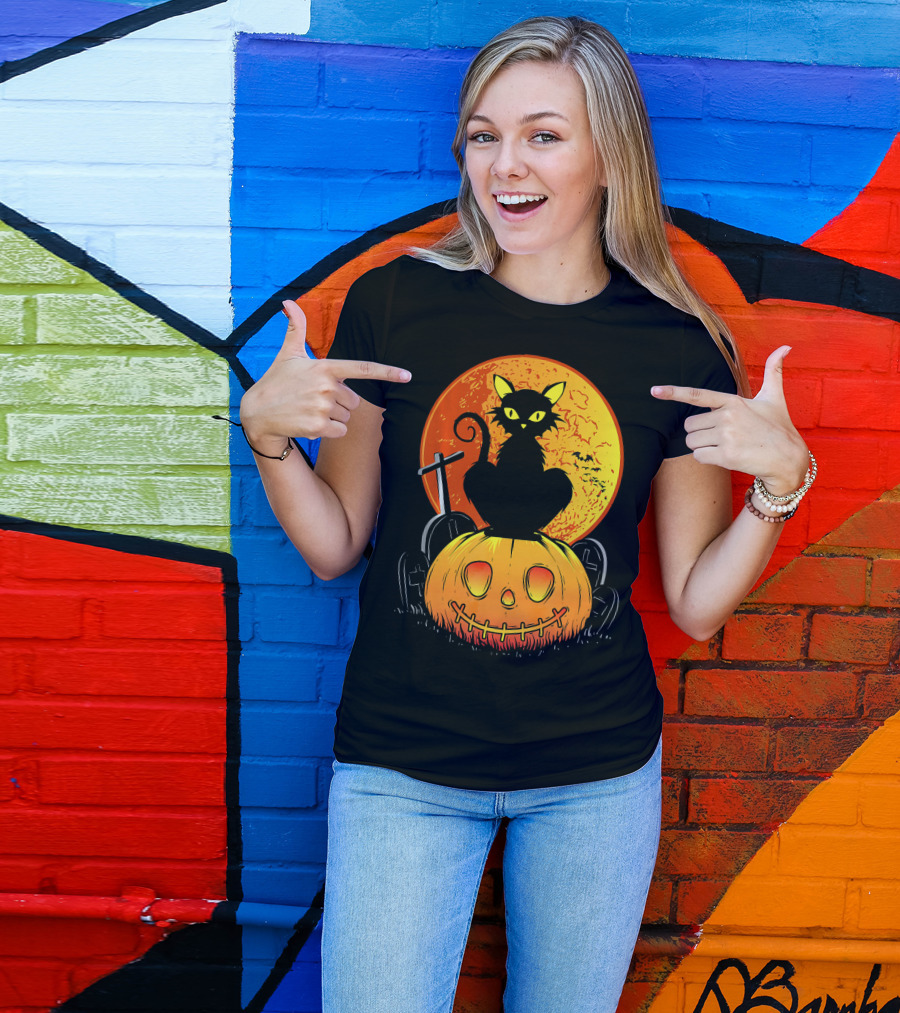 Halloween Black Cat On Pumpkin With Full Moon And Graveyard T-Shirt