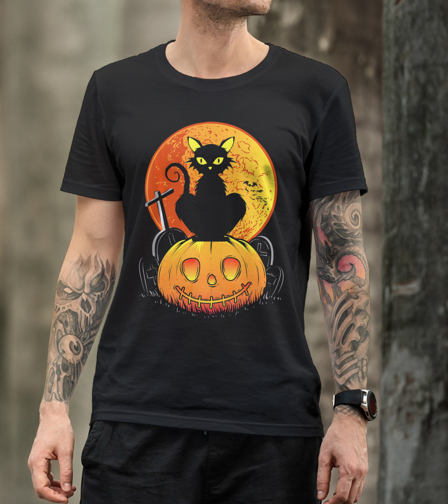 Halloween Black Cat On Pumpkin With Full Moon And Graveyard T-Shirt