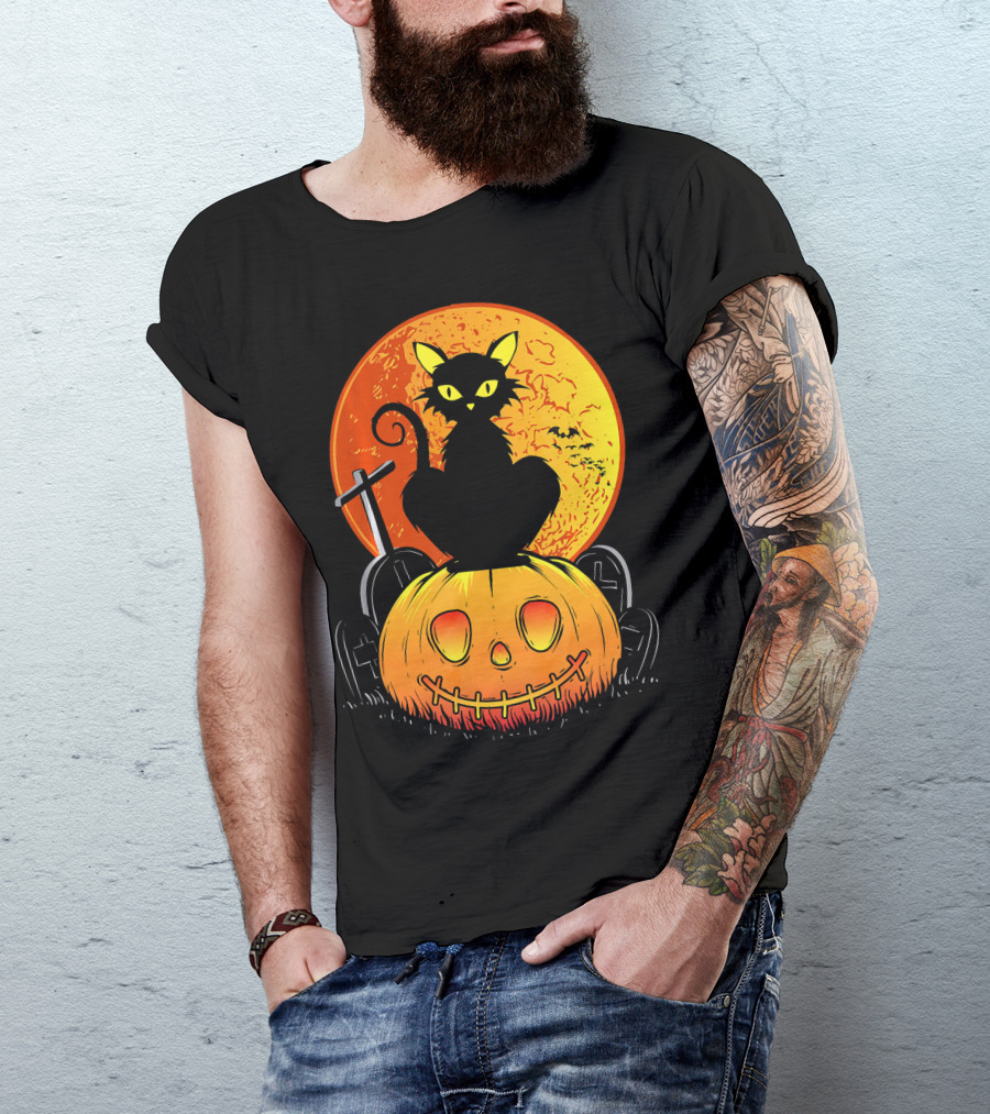 Halloween Black Cat On Pumpkin With Full Moon And Graveyard T-Shirt