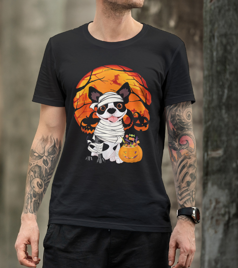 Halloween Kids Boston Terrier Mummy With Pumpkin And Witch T-Shirt