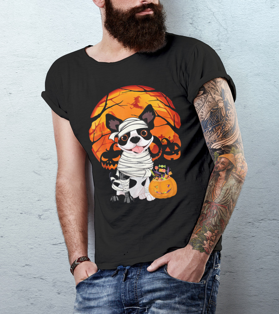 Halloween Kids Boston Terrier Mummy With Pumpkin And Witch T-Shirt