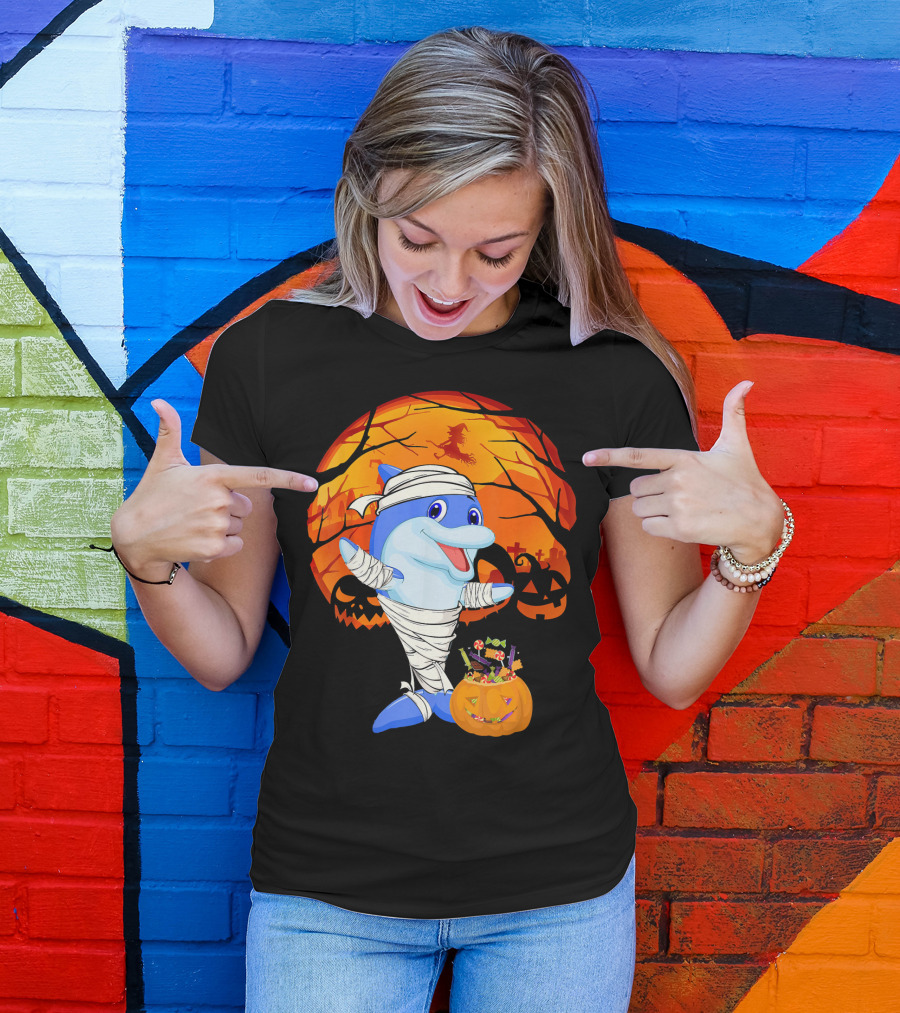 Halloween Dolphin Mummy With Candy Pumpkin And Witch Full Moon T-Shirt