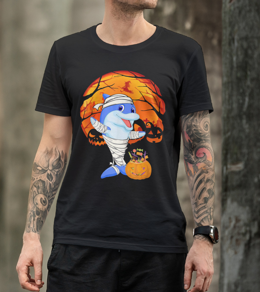 Halloween Dolphin Mummy With Candy Pumpkin And Witch Full Moon T-Shirt
